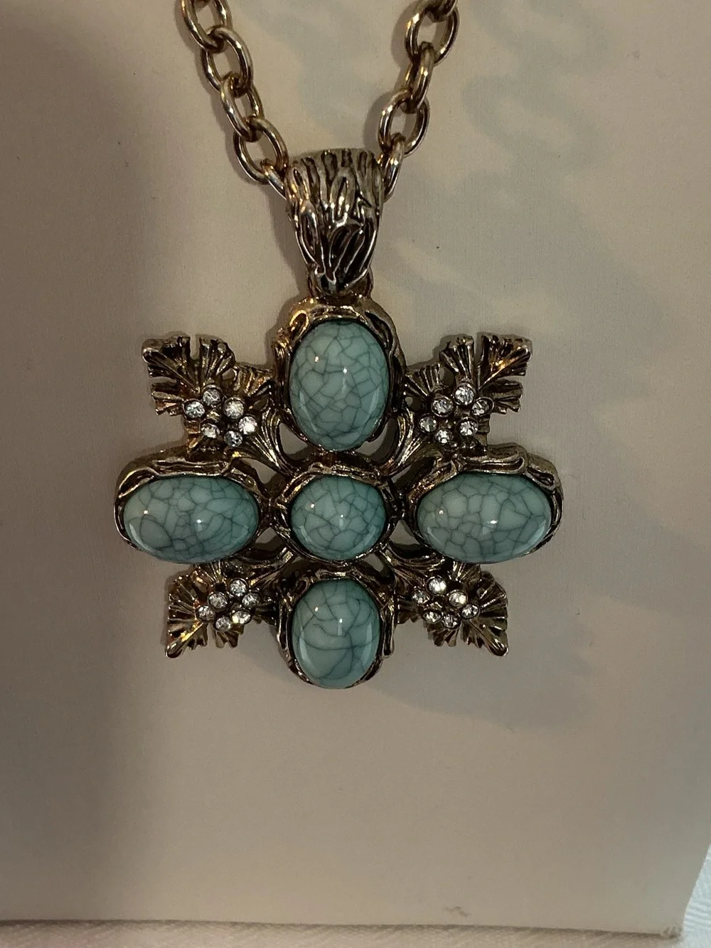 Maltese Cross Faux Turquoise Antique Gold Statement Pendant Necklace